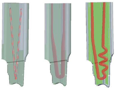 Unterschiedliche Kühlkanal-Designs: CNCgefräst (links), per 3D-Druck hergestellt (rechts) 