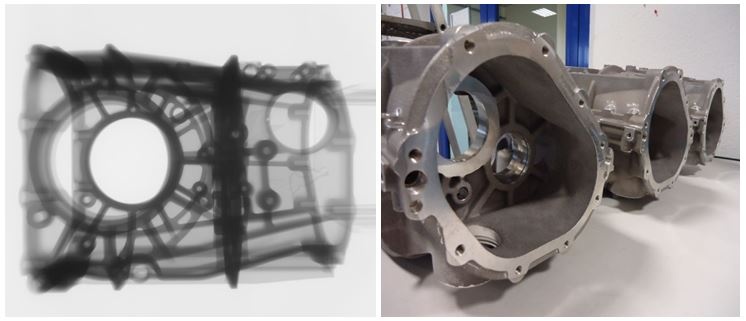 Der CT-Scan bestätigt die Robustheit der Prozessbedingungen (links), Gussteil aus der Prototypen-Herstellung (rechts) 