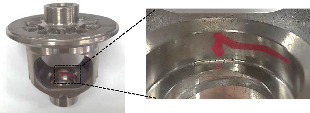 The prototype confirms the simulation results and indicates the areas with shrinkage porosity. 