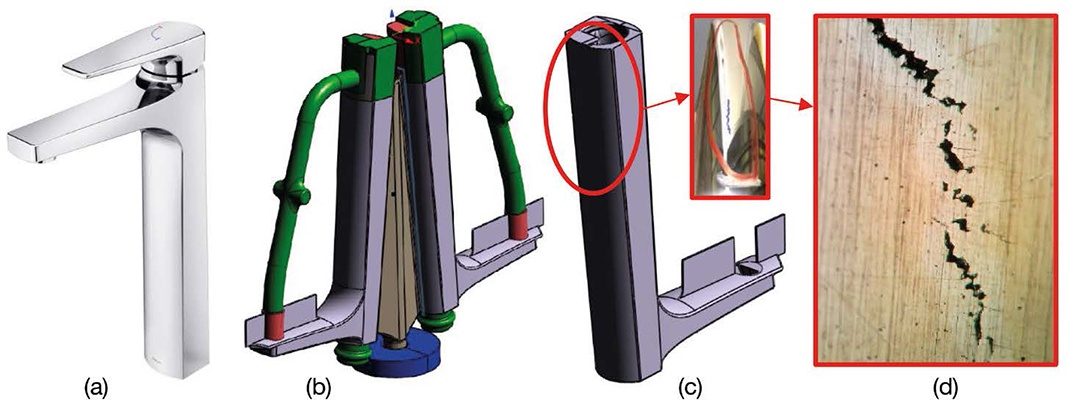 Bild 1: „Lift“-Einhebelmischer (a), MAGMASOFT®-Modell (b) und auftretender Gussfehler (c) sowie Ort des Warmrisses (d) 