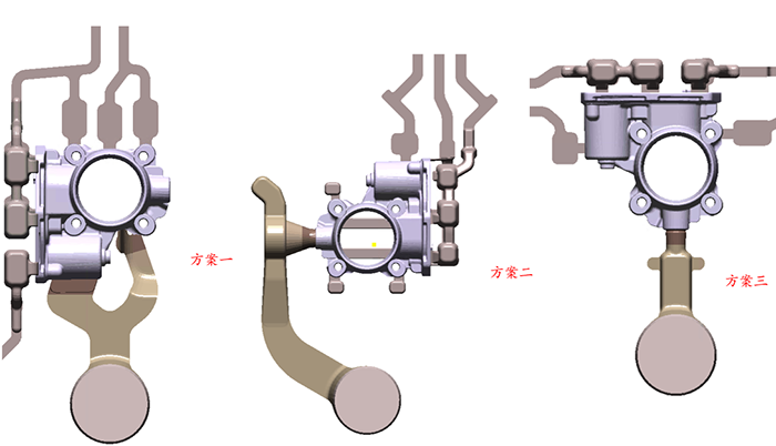Bild 2: Darstellung der drei unterschiedlichen gießtechnischen Auslegungen für das Drosselklappengehäuse 