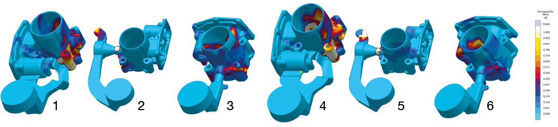 Bild 3: Eingeschlossene Luftmasse ('Entrapped Air Mass') für die drei untersuchten Gießlaufdesigns in Abhängigkeit der beiden Umschaltpunkte (Designs 1-3 bei 340 mm und Designs 4-6 bei 350 mm) 
