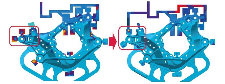 Figure 3: Air pressure result for the original overflow layout (left) and with additional venting near the critical area (right) 