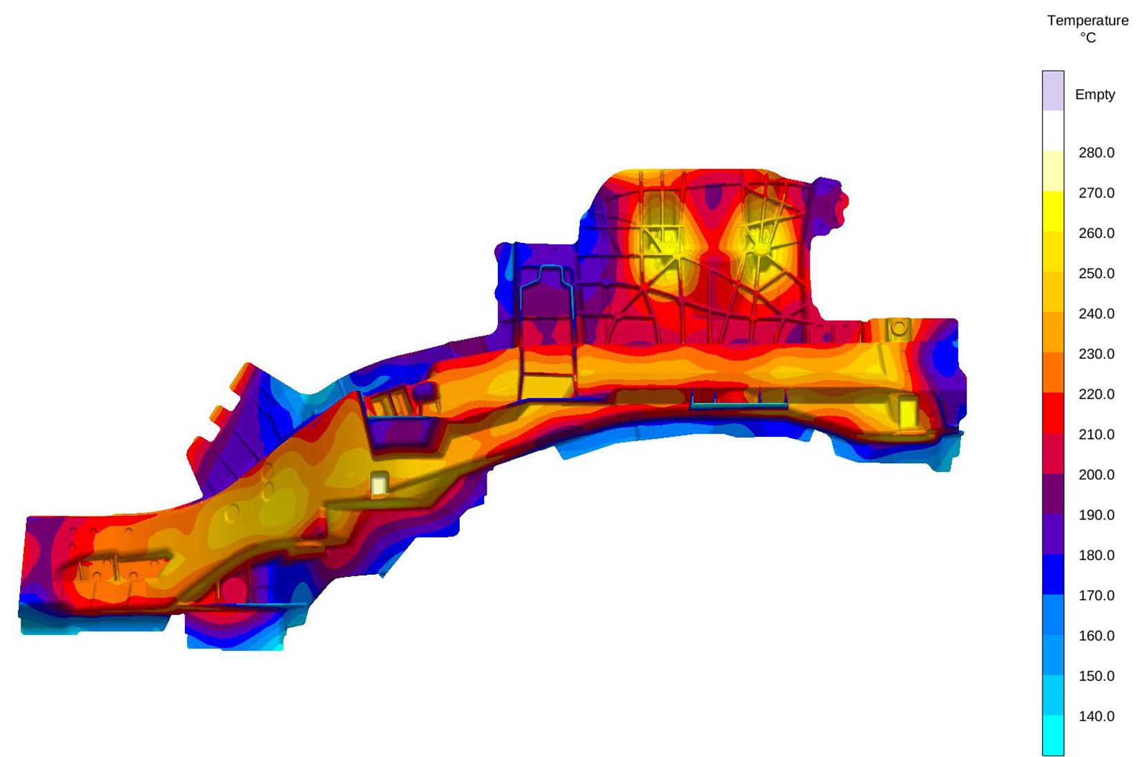 Bild 2: Temperaturverteilung zum Zeitpunkt der Entnahme des Bauteils aus der Form 