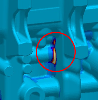 Abb. 3: Vorhersage von Warmrissen im Kurbelgehäuse mit MAGMAstress 