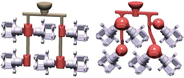 Figure 3: Original (left) and optimized version (right) of the casting layout 