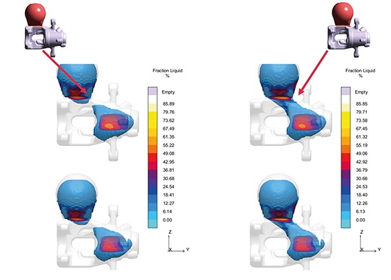 Figure 3: Comparison of four designs clearly confirmed the sensitivity of the feeding path and final porosity to the feeder location 