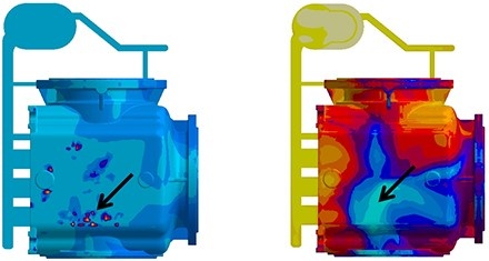 Figure 1: Air entrapments in the casting (left). Temperature distribution in the casting at the end of mold filling (right). (c) MAGMASOFT®